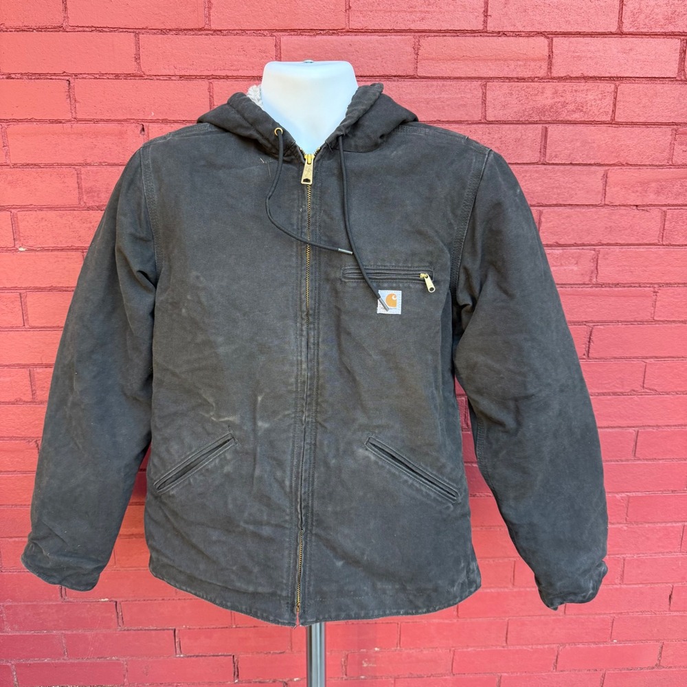 Vtg Carhartt Womens Sherpa‎ Lined Canvas Hooded Jacket Size Small Workwear Mexco